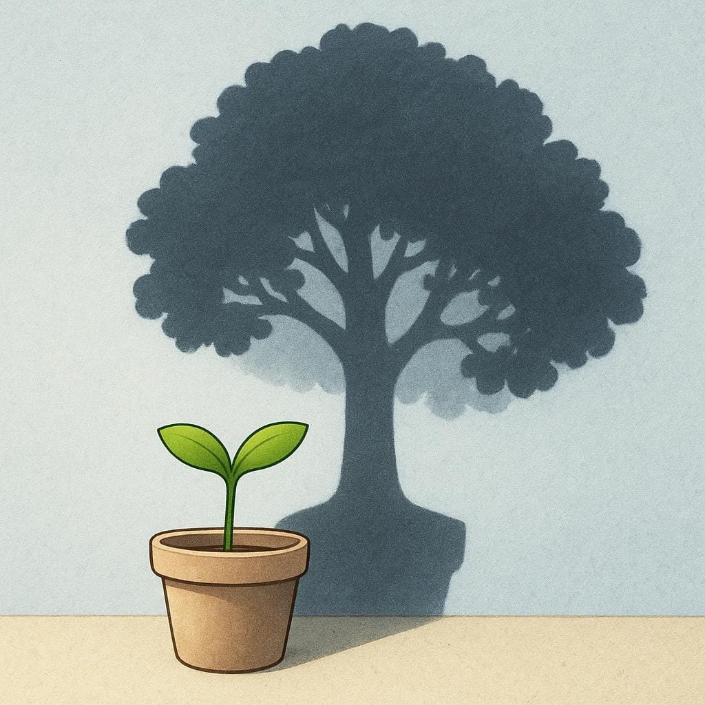 A small, vibrant green seedling growing out of a terracotta pot, casting the large, impressive shadow of a mature, towering fruit tree onto a bright wall.