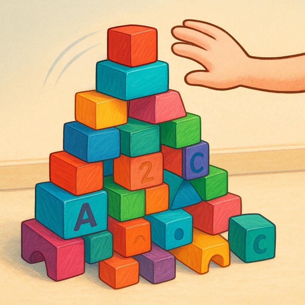 A cartoon hand is hovering over a tall, colorful stack of wooden blocks, gesturing vaguely to the height of the stack, representing an estimated quantity rather than a precise count.