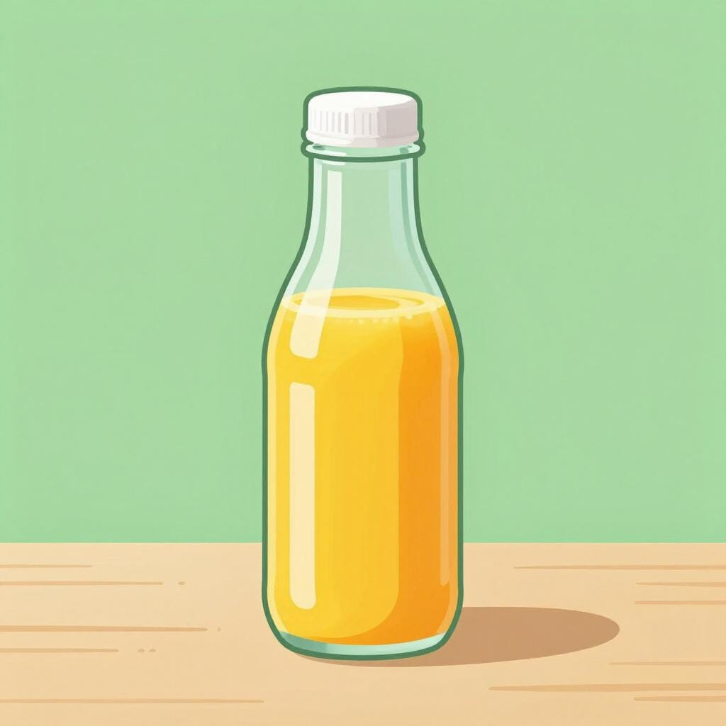 A clear glass bottle filled with orange juice sitting on a wooden table.