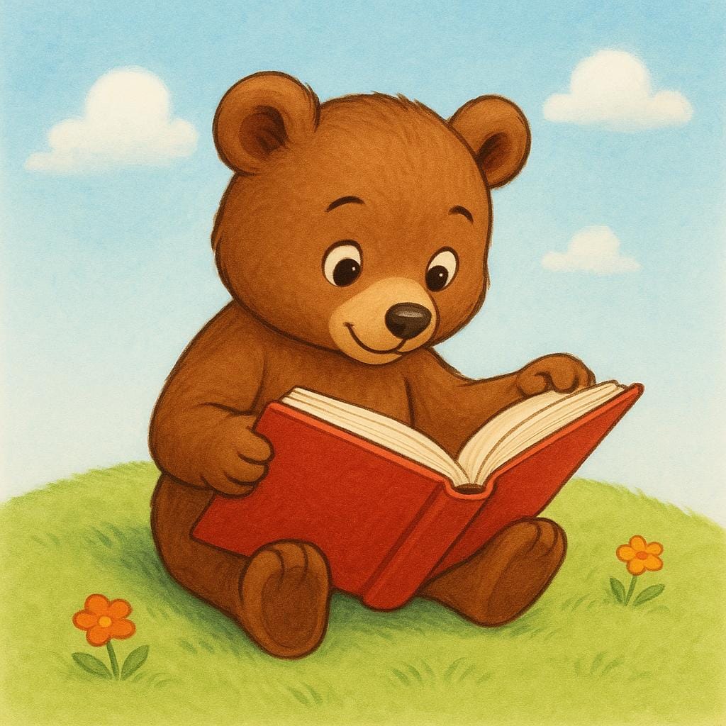 A friendly, young bear cub is sitting on a grassy hill, deeply focused on reading a large, open red book. The scene is bright and colorful.
