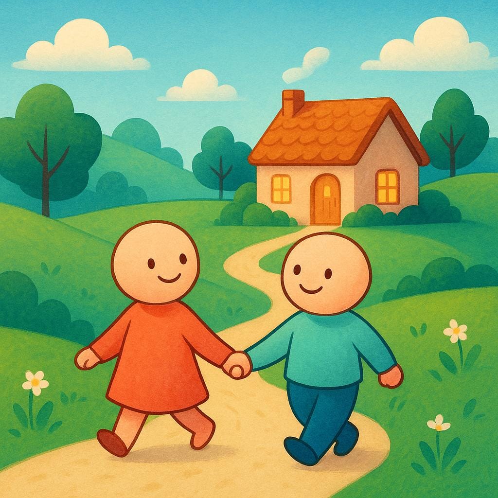 Two figures happily walking on a path towards a distant, welcoming cottage, illustrating 'we come'.