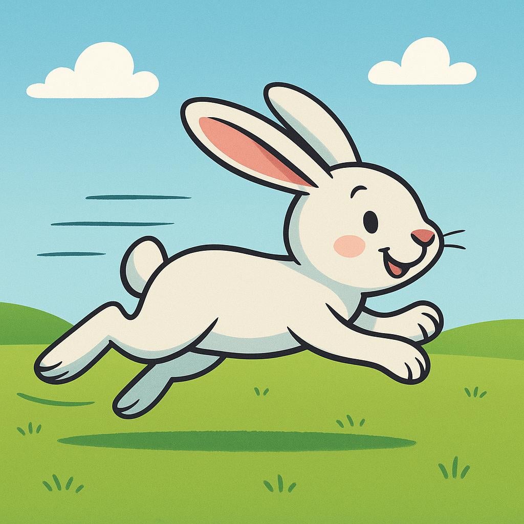 A small rabbit is running rapidly across a green grassy field, with simple motion lines indicating high speed.
