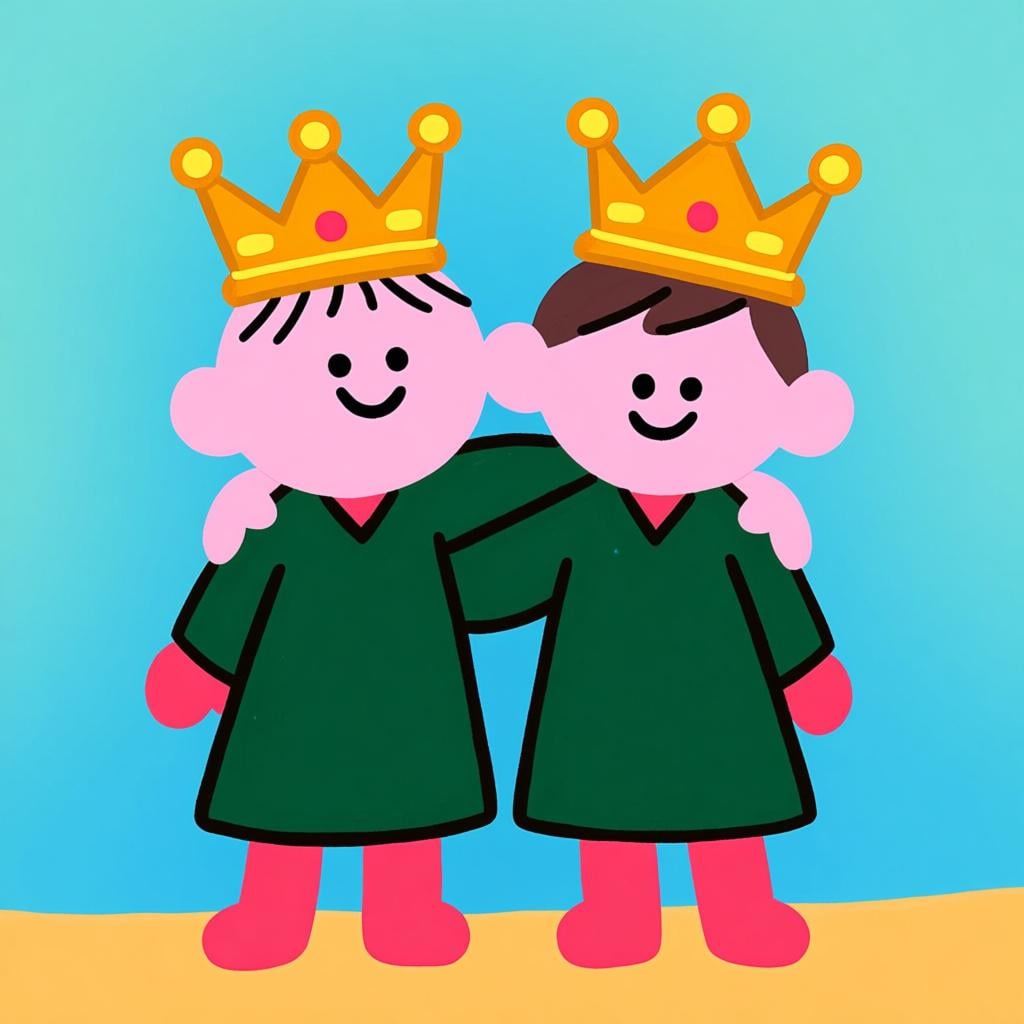 Two cartoon figures, both wearing identical crowns and robes, standing together side-by-side, symbolizing equality.