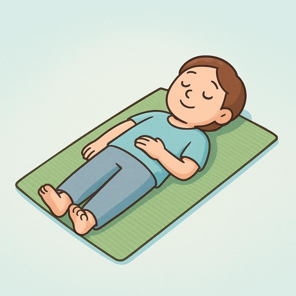 A simple colorful illustration of a person resting horizontally on their back on a green surface, like a mat or rug, clearly taking a break.