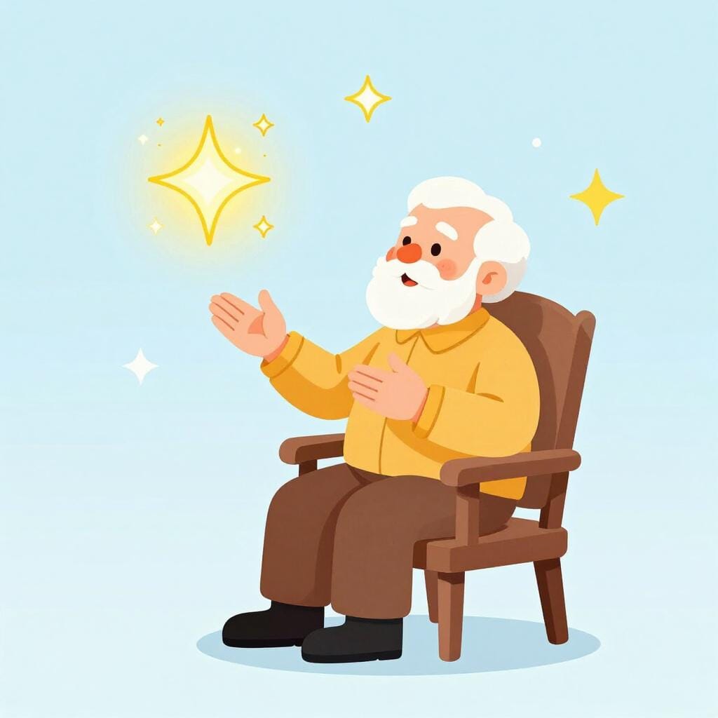 A person telling a story with large, glowing, magical sparkles appearing around their hands to represent extra details.