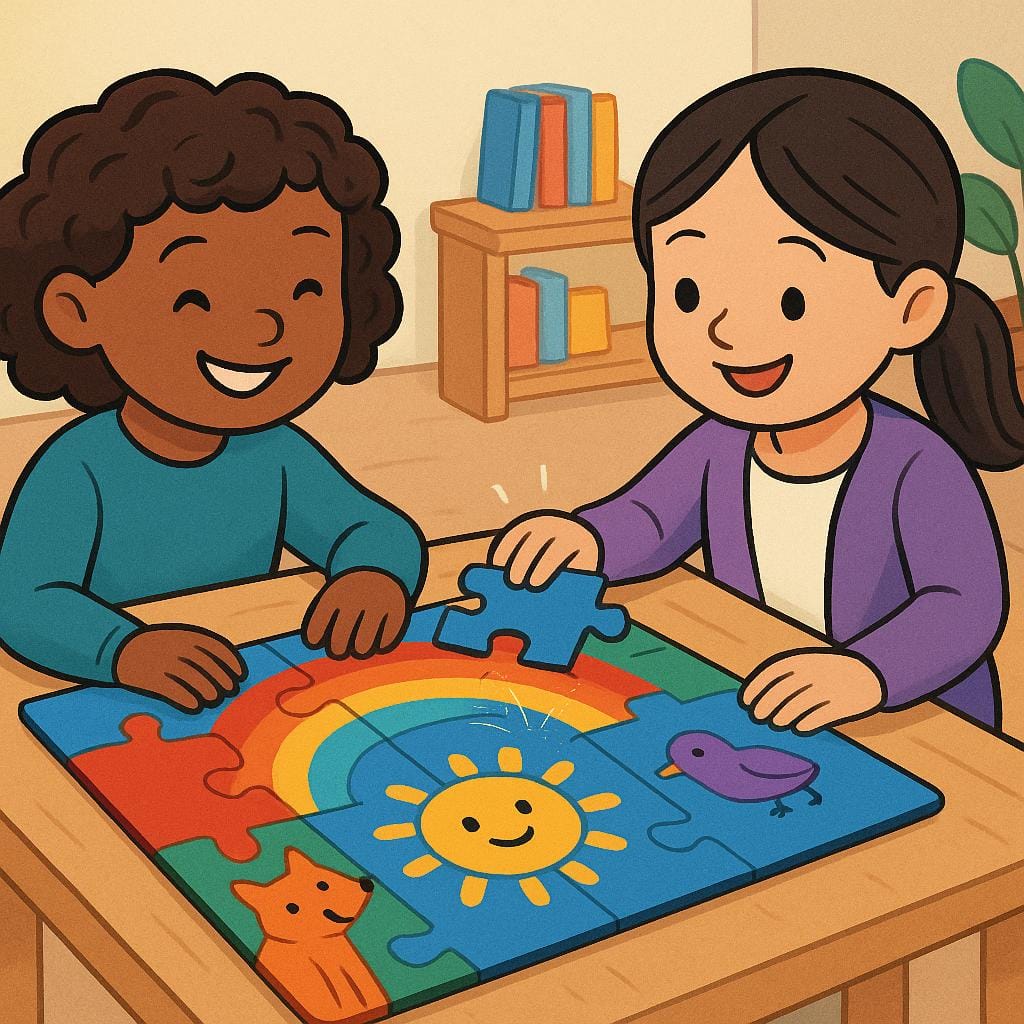 Two children smiling as they place the final, completed piece onto a large, colorful jigsaw puzzle, symbolizing the end of a task.