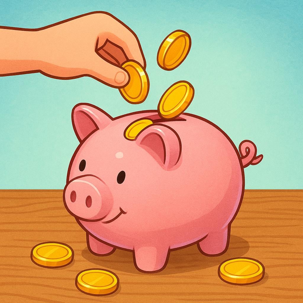 A pink ceramic piggy bank sitting on a wooden surface, receiving several shiny gold coins through the slot.