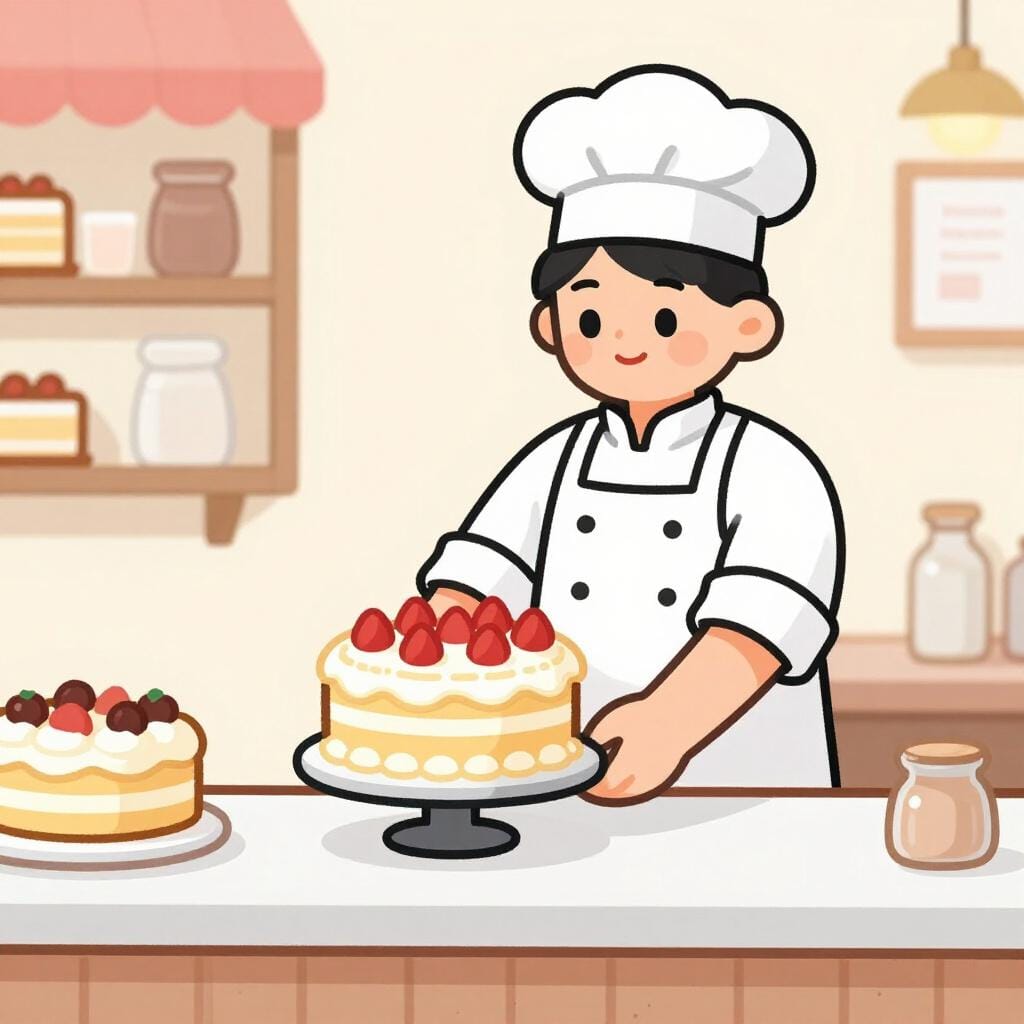 エプロンをつけたフレンドリーなパン職人が、焼きあがったケーキをパン屋のカウンターに並べている。