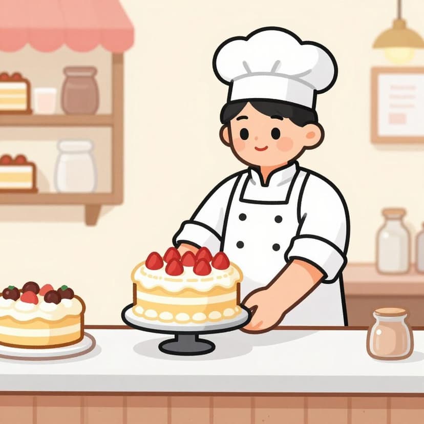 A friendly baker in an apron placing a finished cake on a bakery counter.