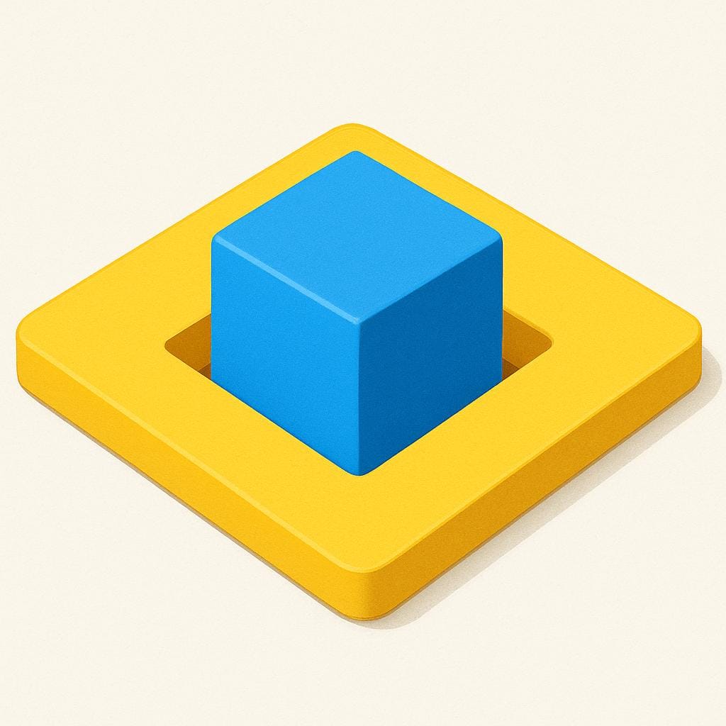 A perfectly square blue block is placed snugly inside a matching square hole on a yellow background, demonstrating a perfect fit.