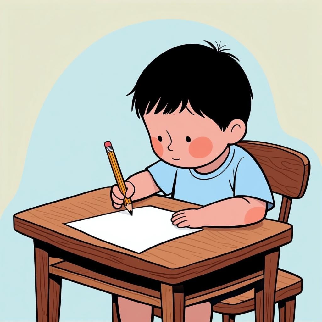 A focused student sitting at a wooden desk with a pencil, diligently working on a simple academic test paper.