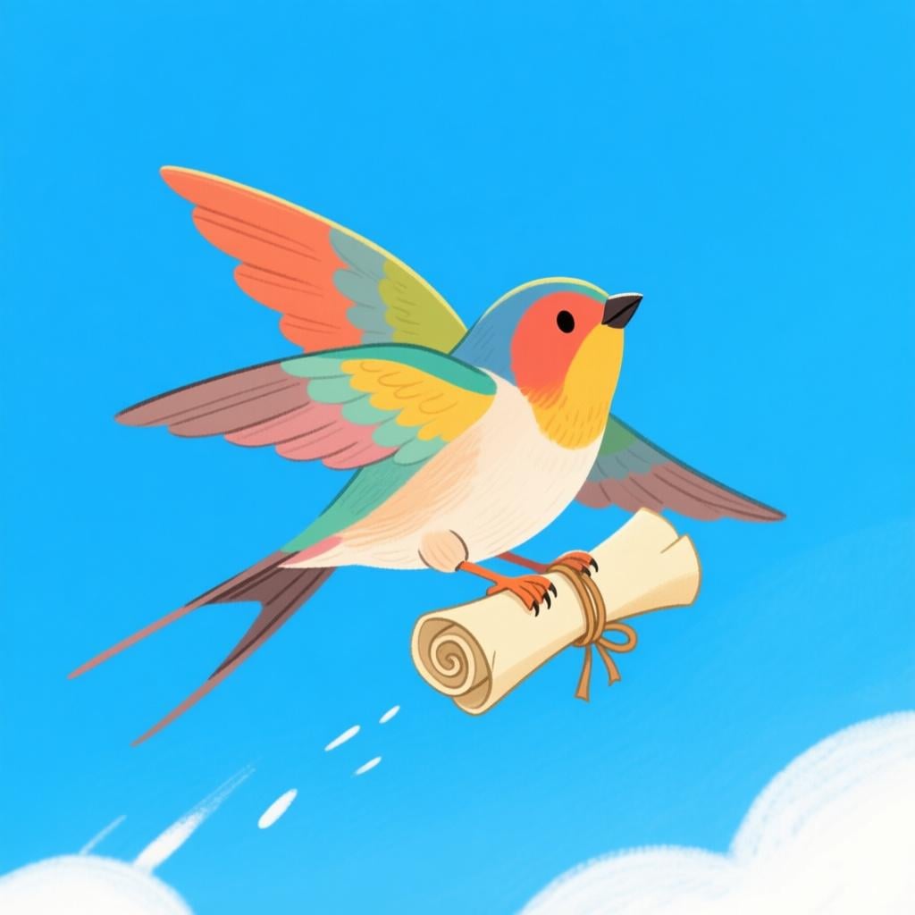 A small, brightly colored bird flying across a sunny sky, carrying a tiny rolled-up scroll tied to its leg, representing a communication being sent.