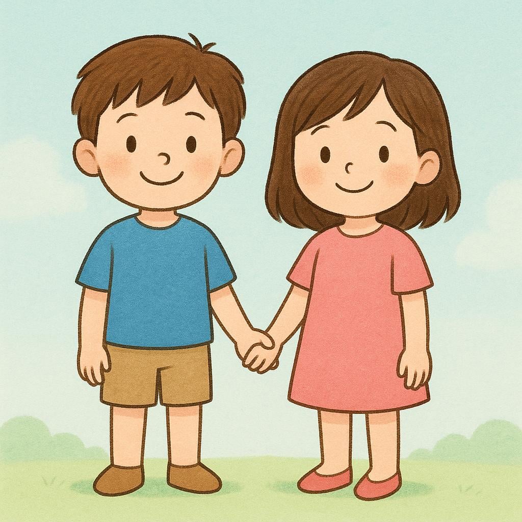A simple colorful illustration showing a young boy and a young girl standing together and smiling, representing siblings.