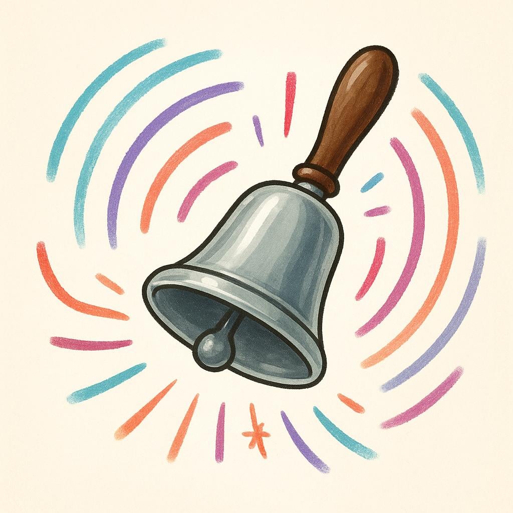 A brightly colored storybook illustration of a small silver bell ringing, with wavy lines radiating outwards to symbolize the sound.