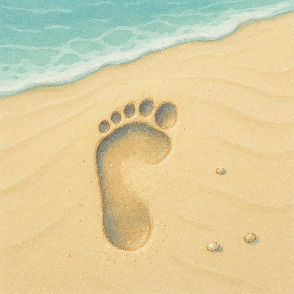 A deep, clear footprint pressed into smooth, damp beach sand.
