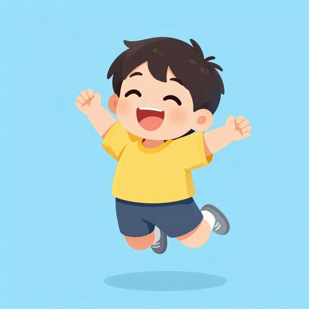 Uma criança feliz pulando no ar com um sorriso largo e braços levantados de empolgação.