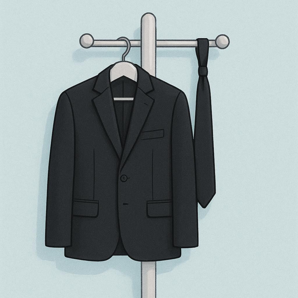 A simple depiction of a dark, formal suit jacket and tie, representing attire related to a solemn ceremony.