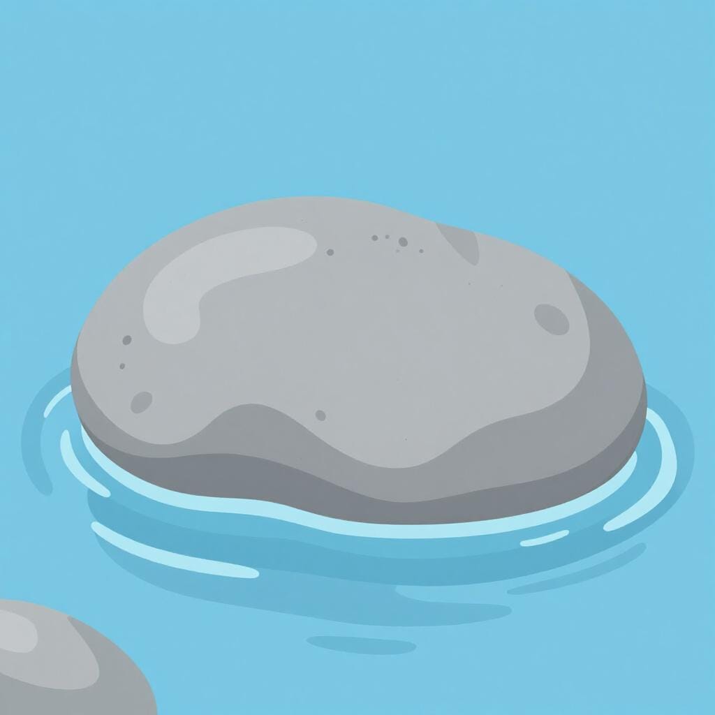 Gros plan d'une roche de pierre patinée au bord d'une rivière, avec de l'eau la traversant, montrant des signes d'érosion.