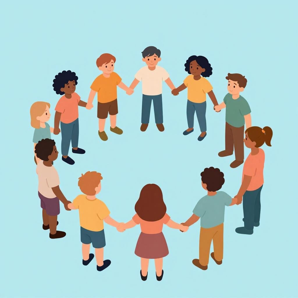공식적인 연관성을 보여주기 위해 손을 잡고 원을 그리며 함께 서 있는 다양한 사람들의 모습.