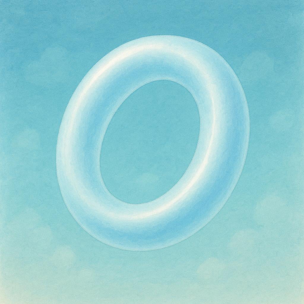 A perfect, large smoke ring floating against a blue background, illustrating a circular shape.