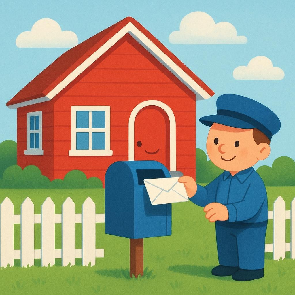 A brightly colored storybook illustration of a friendly house with a blue mailbox where a letter is being delivered.