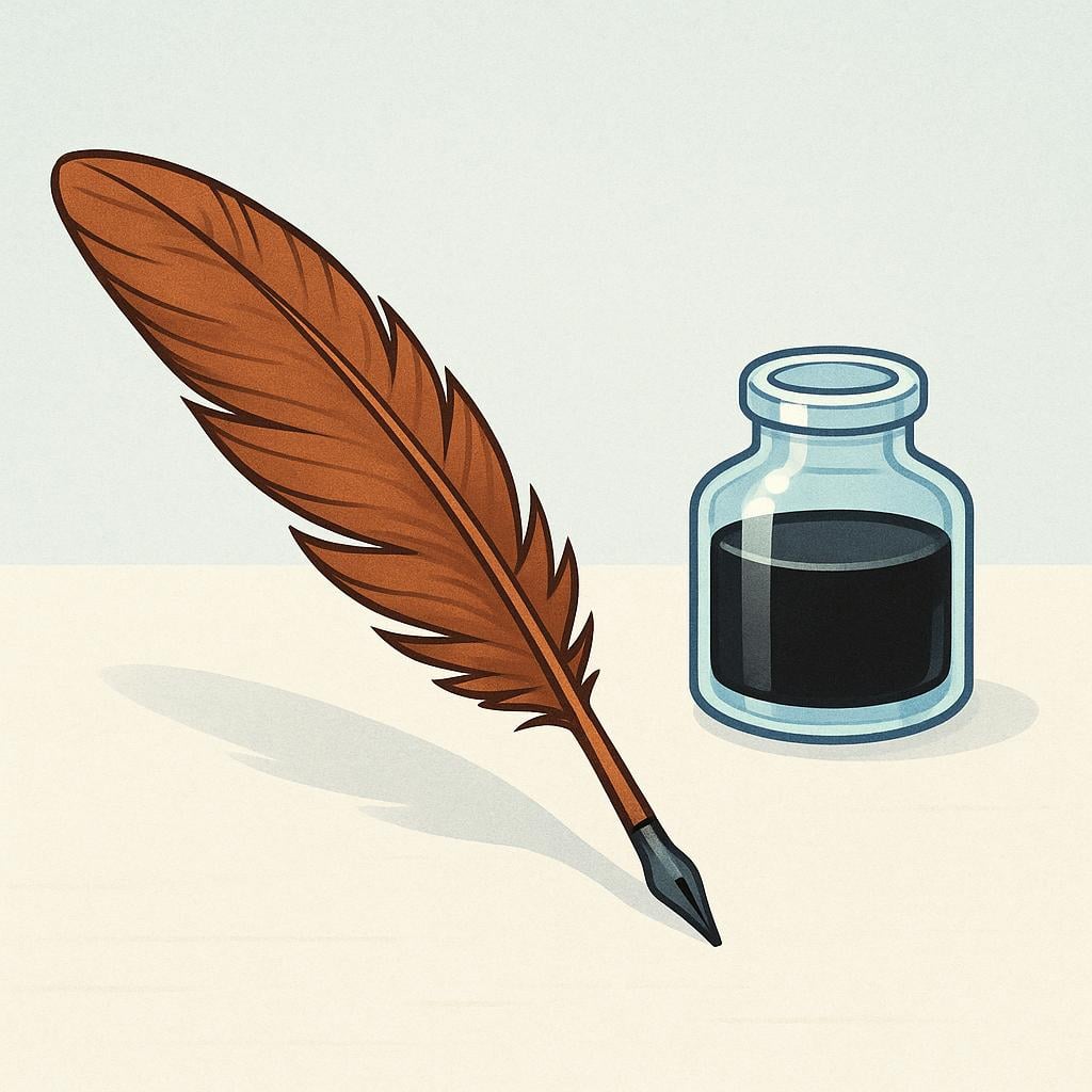 A simple brown writing quill resting next to a small glass inkwell filled with black ink.