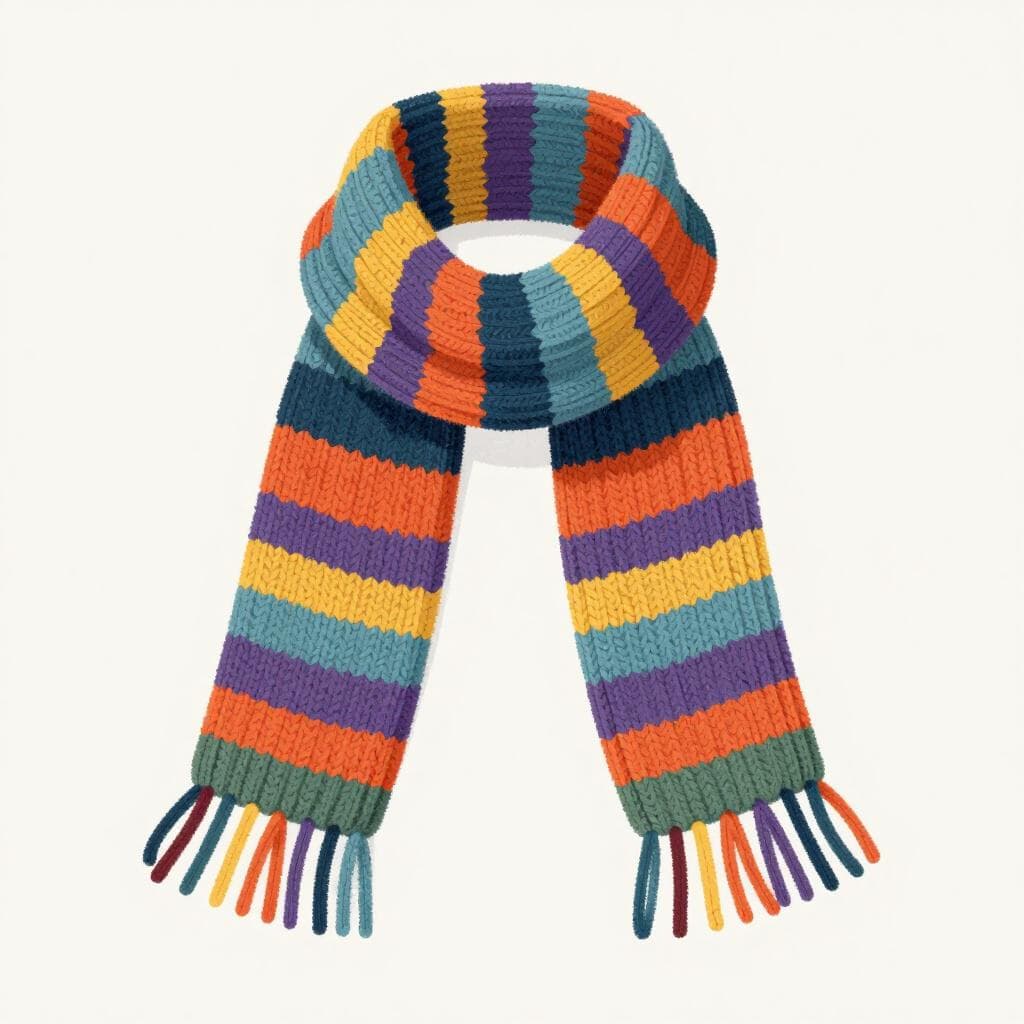 Une écharpe tricotée confortable et colorée avec une frange, posée en courbe douce.