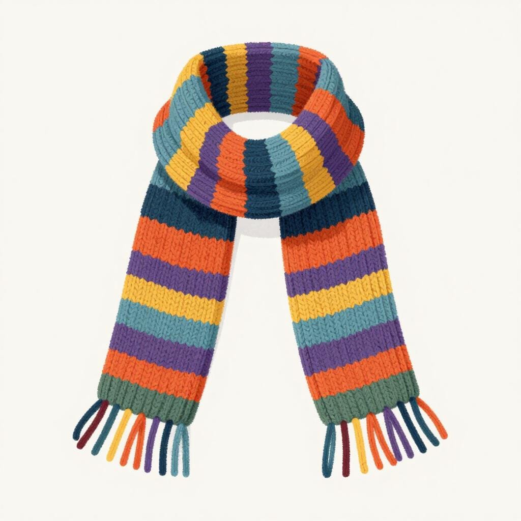 Une écharpe tricotée confortable et colorée avec une frange, posée en courbe douce.