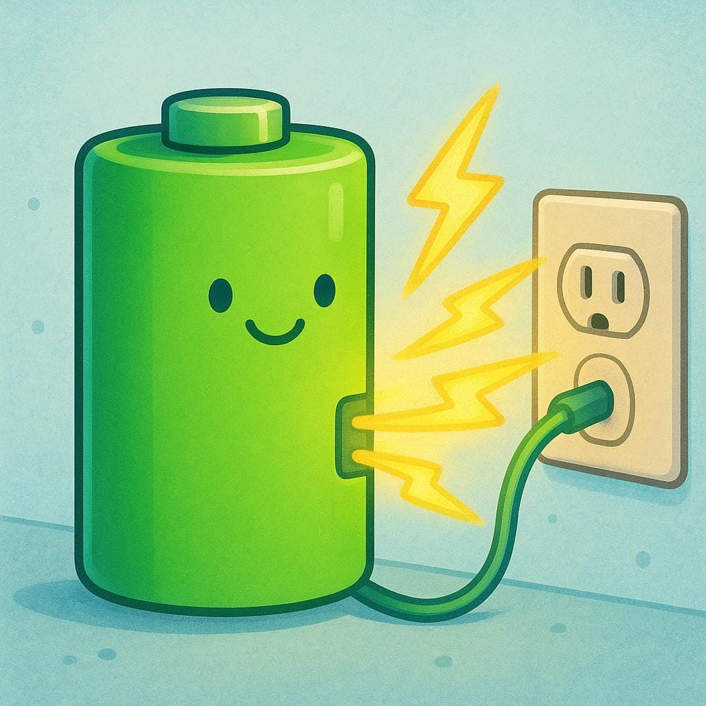 A stylized, bright green battery shape is actively receiving glowing yellow lightning bolts connecting it to a simple wall socket, indicating it is charging.