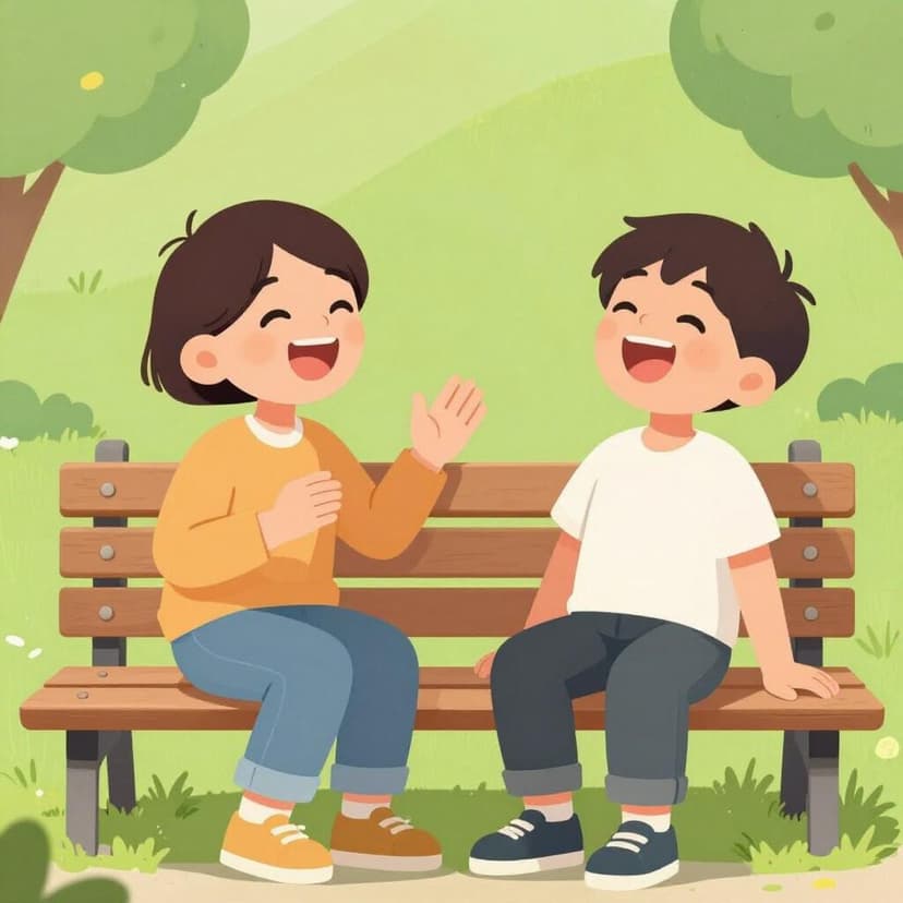 Twee vrienden die samen lachen om een grappig verhaal terwijl ze op een parkbank zitten.