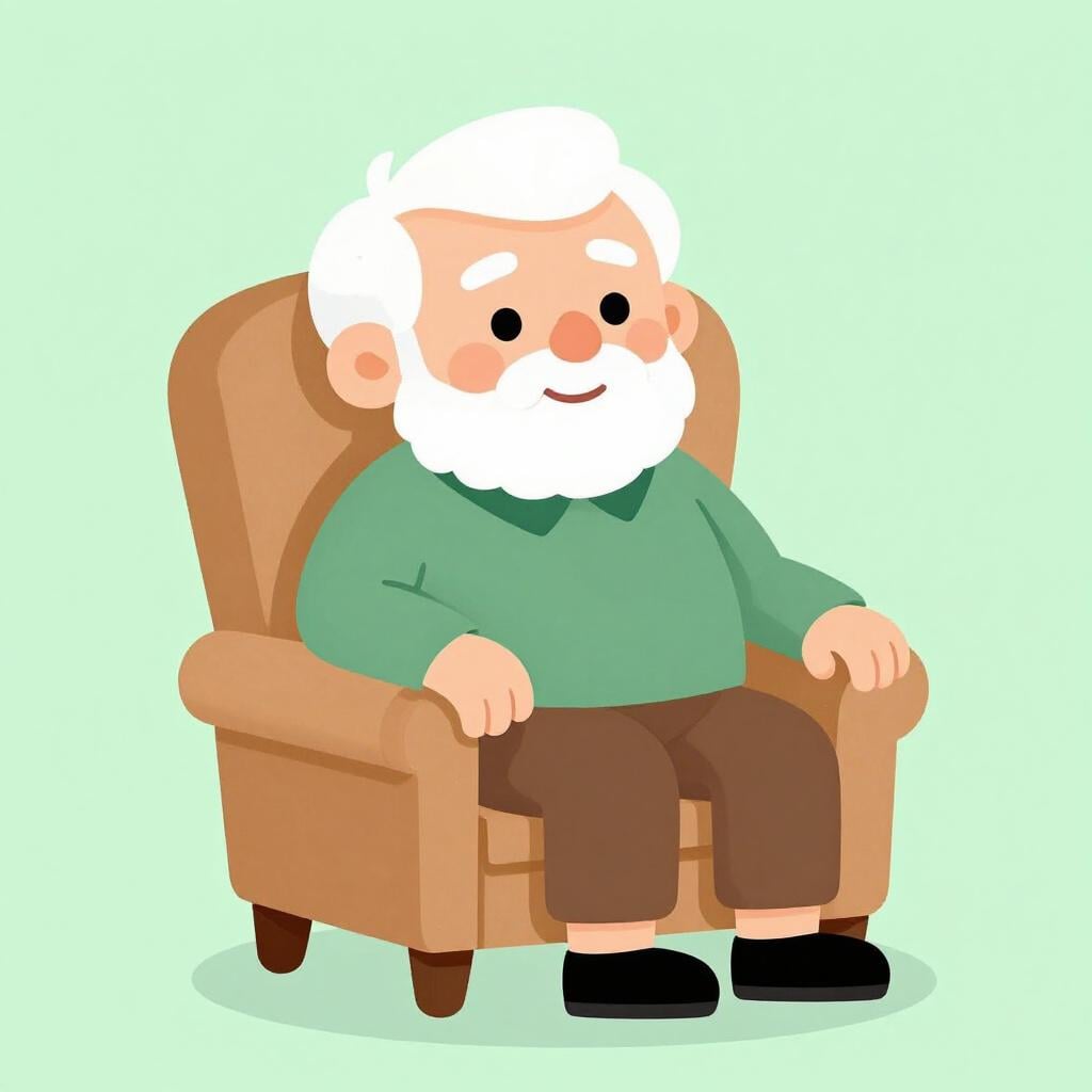 An elderly person with white hair sitting comfortably in a cozy armchair.