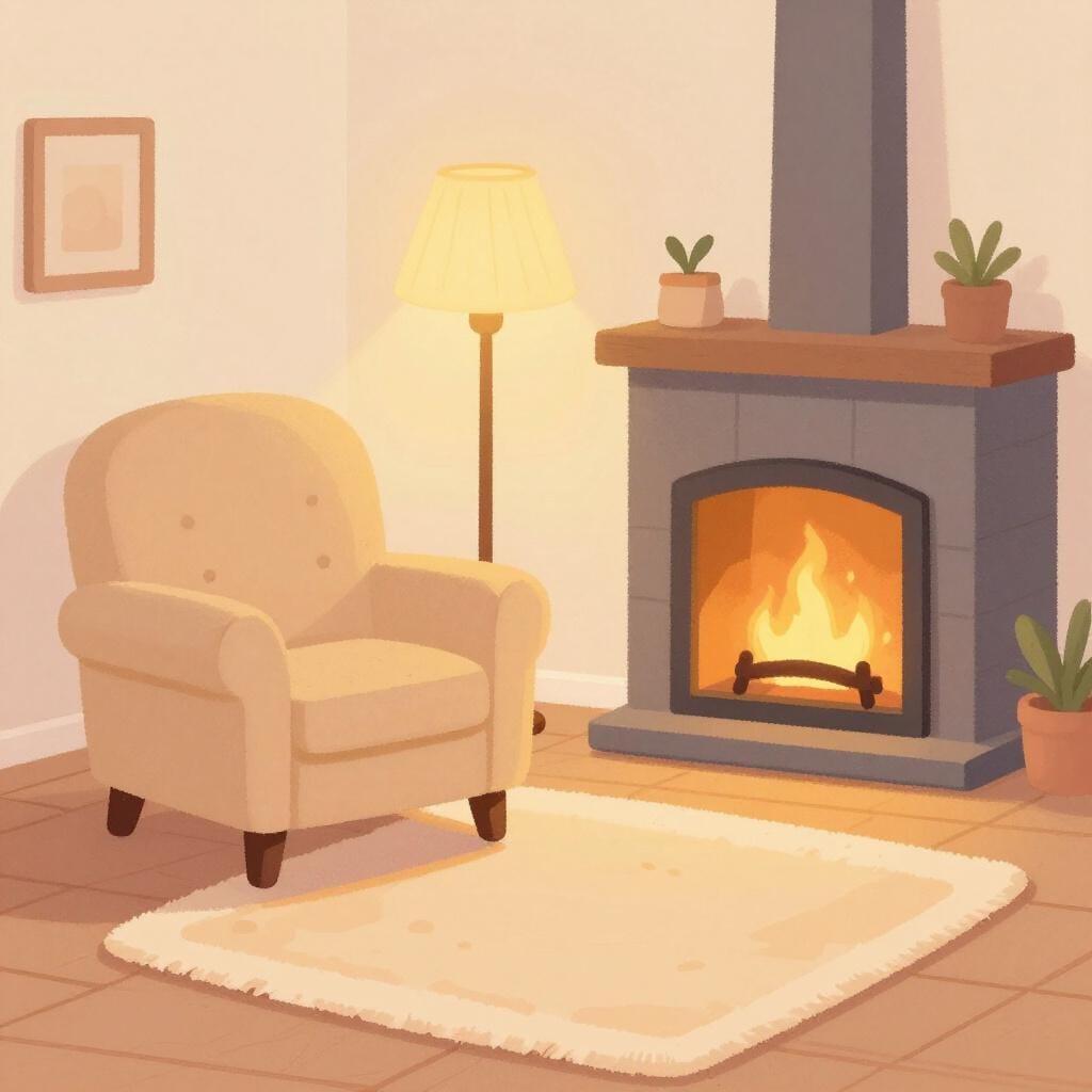 Un soggiorno caldo e confortevole con una morbida poltrona, un camino acceso e un tappeto soffice.