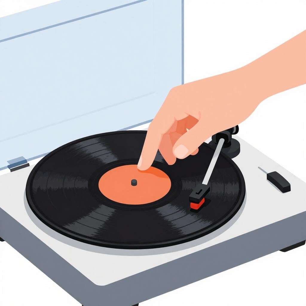 A person placing a needle back onto a vinyl record to start the music again.