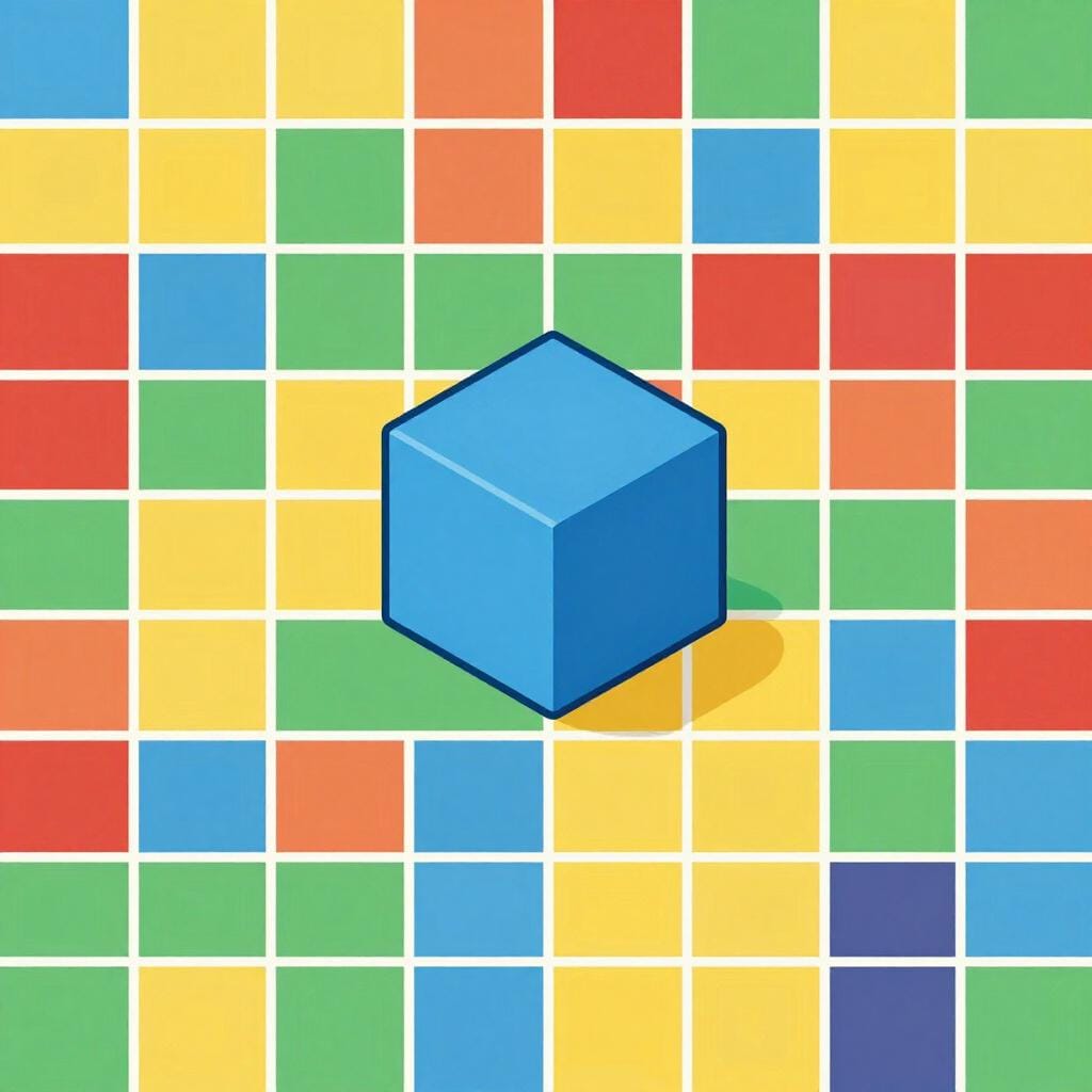 Un bloc de bois coloré unique placé dans un puzzle carré plus grand.