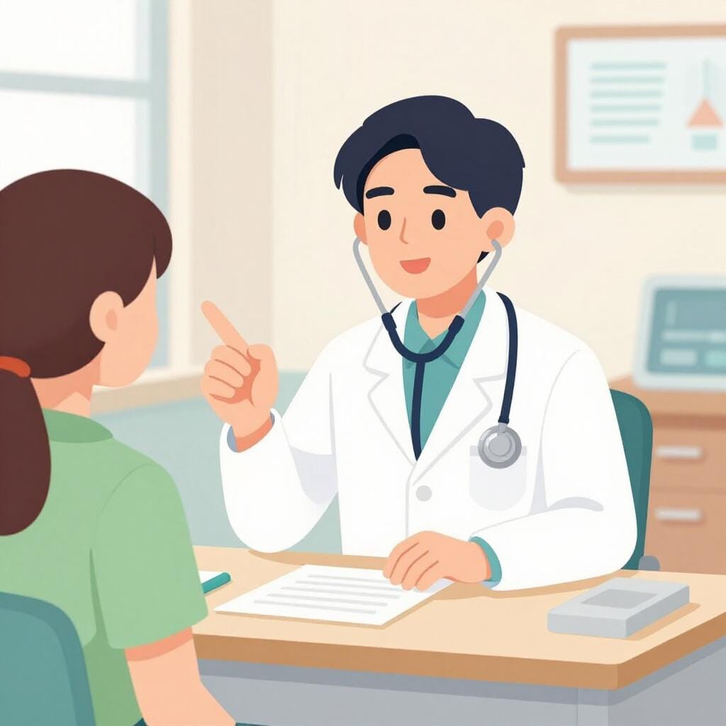 A doctor in a white coat talking kindly to a patient in a medical office.