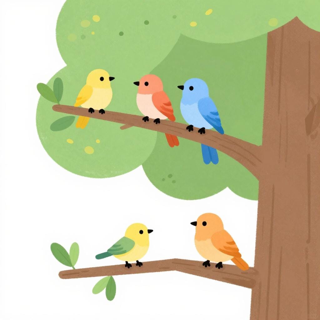 Een rij kleurrijke vogels op een tak, met één kleinere vogel die op een lagere tak zit en naar de anderen opkijkt.