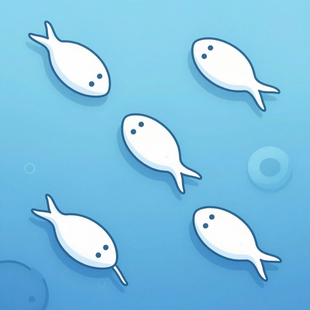 A microscopic view of several small, white, tadpole-shaped cells swimming through a soft blue fluid.