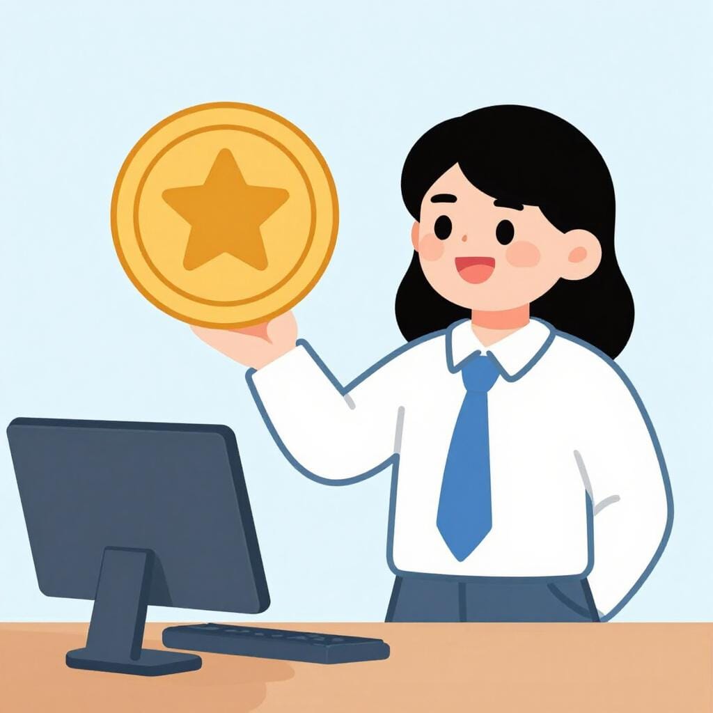 ビジネススーツを着た人が、大きな金貨かギフトバッグを嬉しそうに持っている様子。