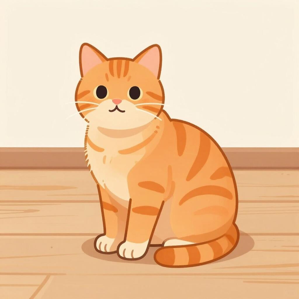 Un chat orange amical assis calmement sur un plancher en bois.