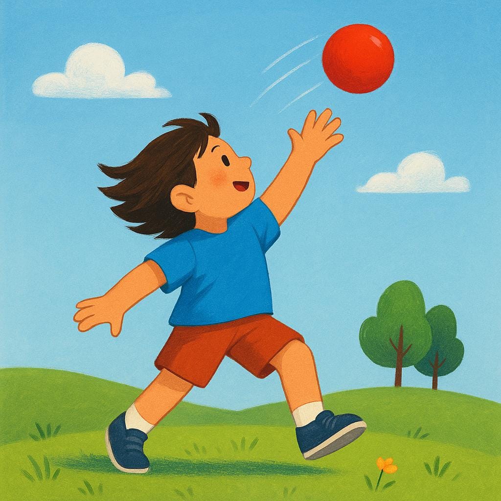 A young child standing in a sunny park, mid-action, using their arm to launch a bright red ball high into the air.