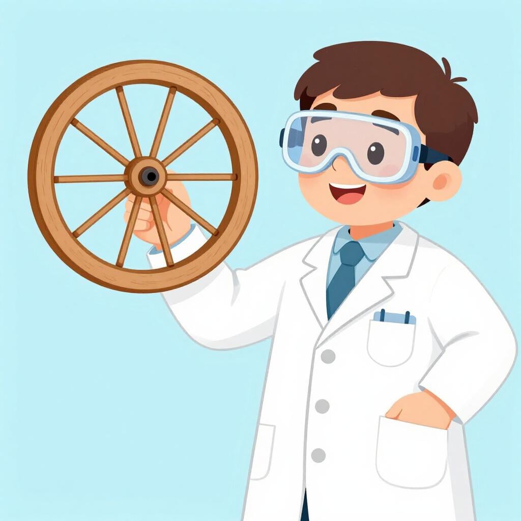 A smiling scientist holding up a newly invented wooden wheel and axle.