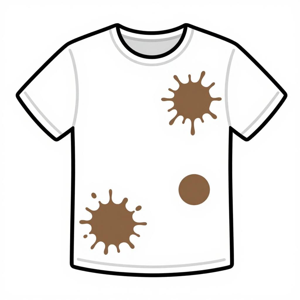 Uma t-shirt branca coberta de grandes salpicos de lama castanha.