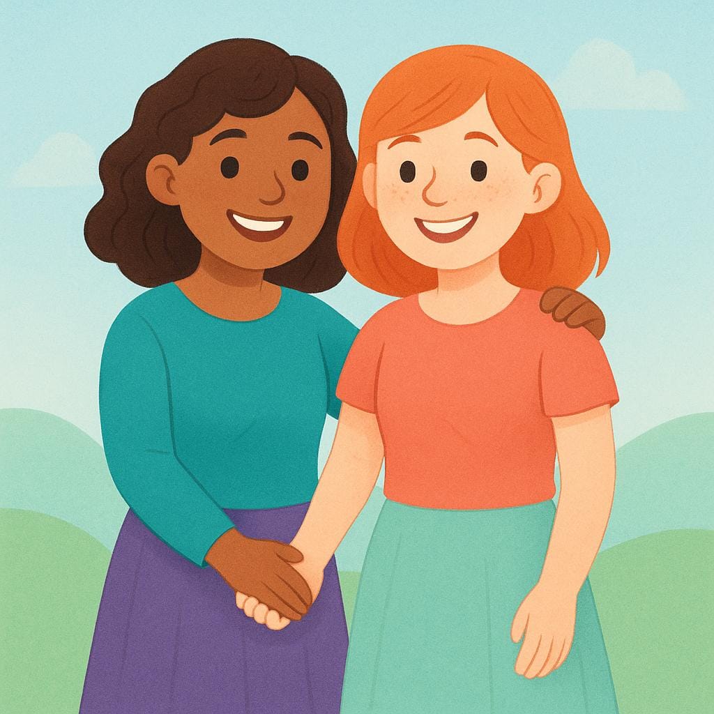 A simple storybook illustration showing two smiling young women standing side-by-side on a sunny day.