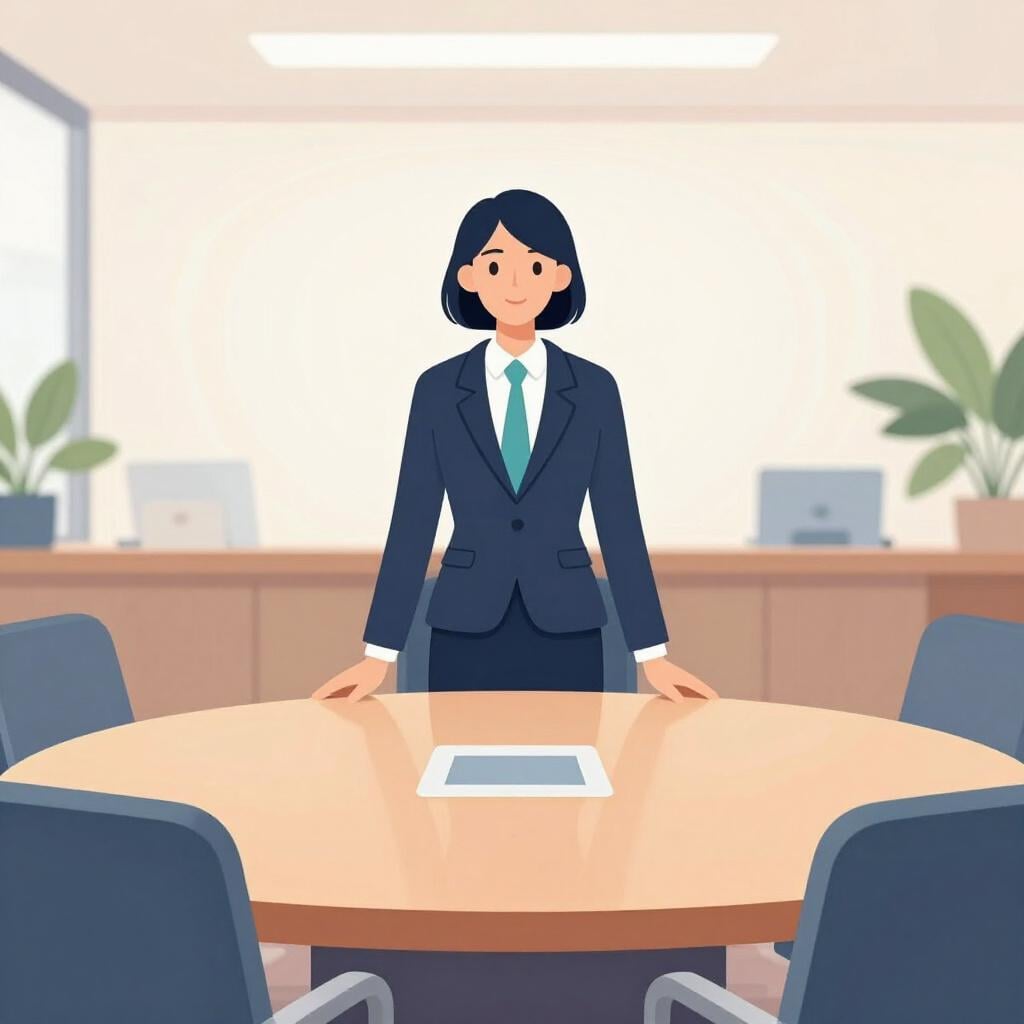 Een persoon in een professioneel pak die zelfverzekerd aan het hoofd van een lange houten vergadertafel staat.