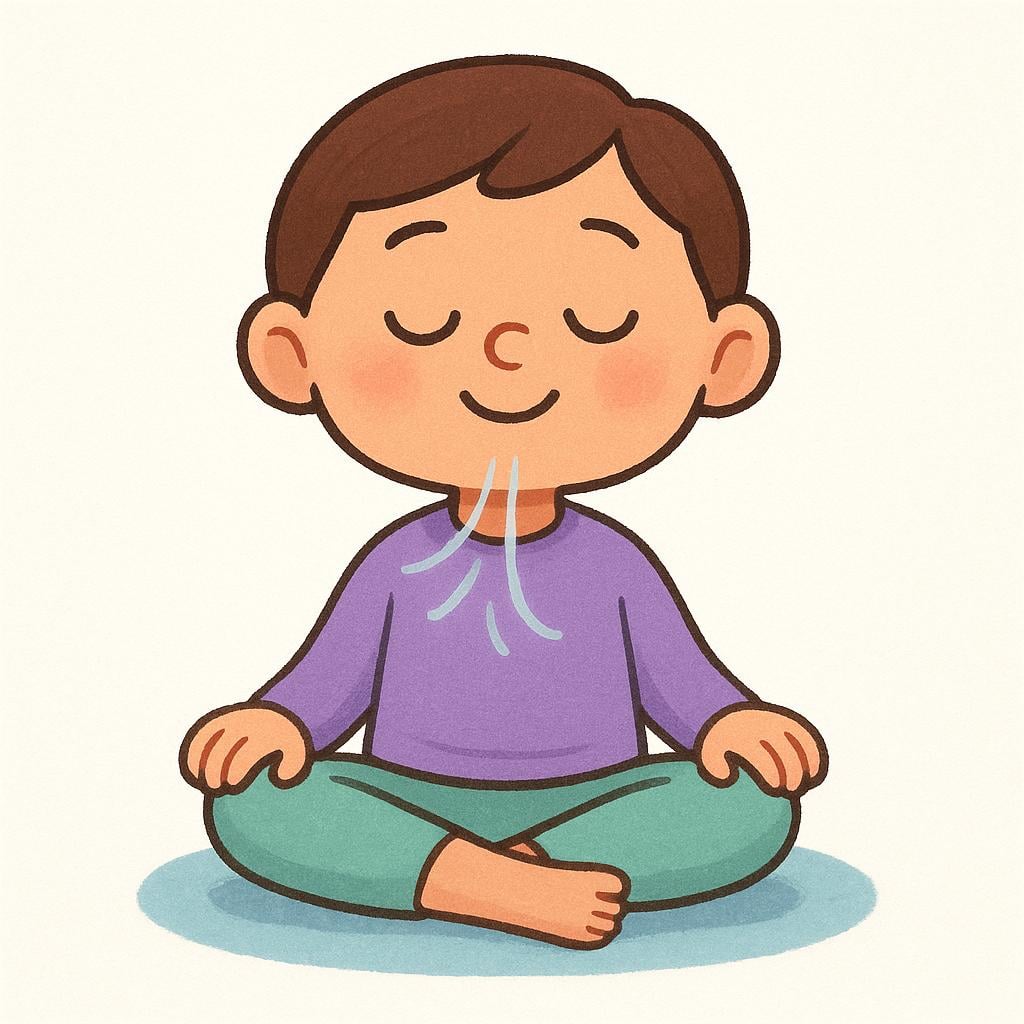 A simple storybook illustration of a friendly cartoon character sitting cross-legged, taking a deep, visible breath, symbolizing the act of calming down.