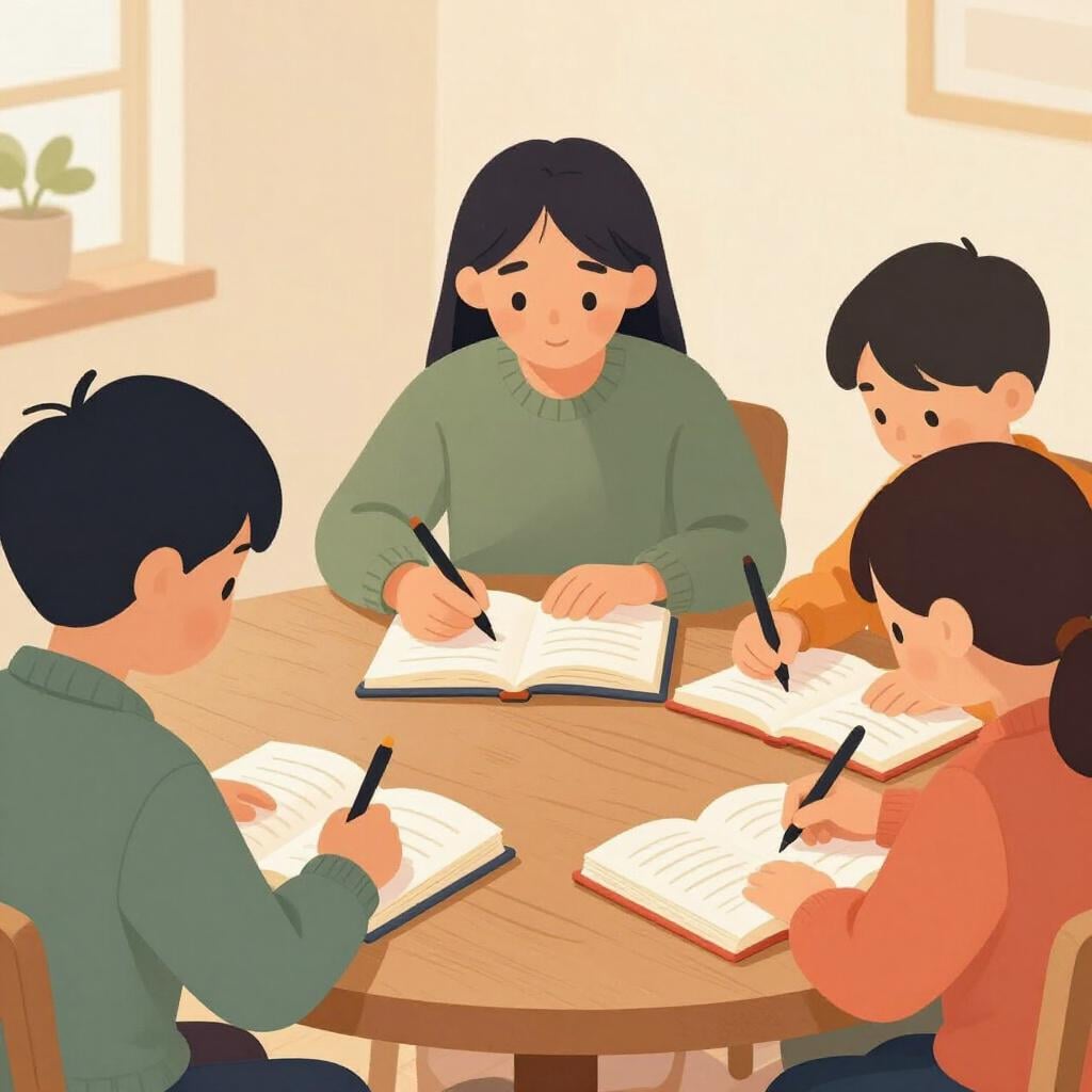 A diverse group of people sitting at a long wooden table, each focused on writing in their own notebooks with pens.