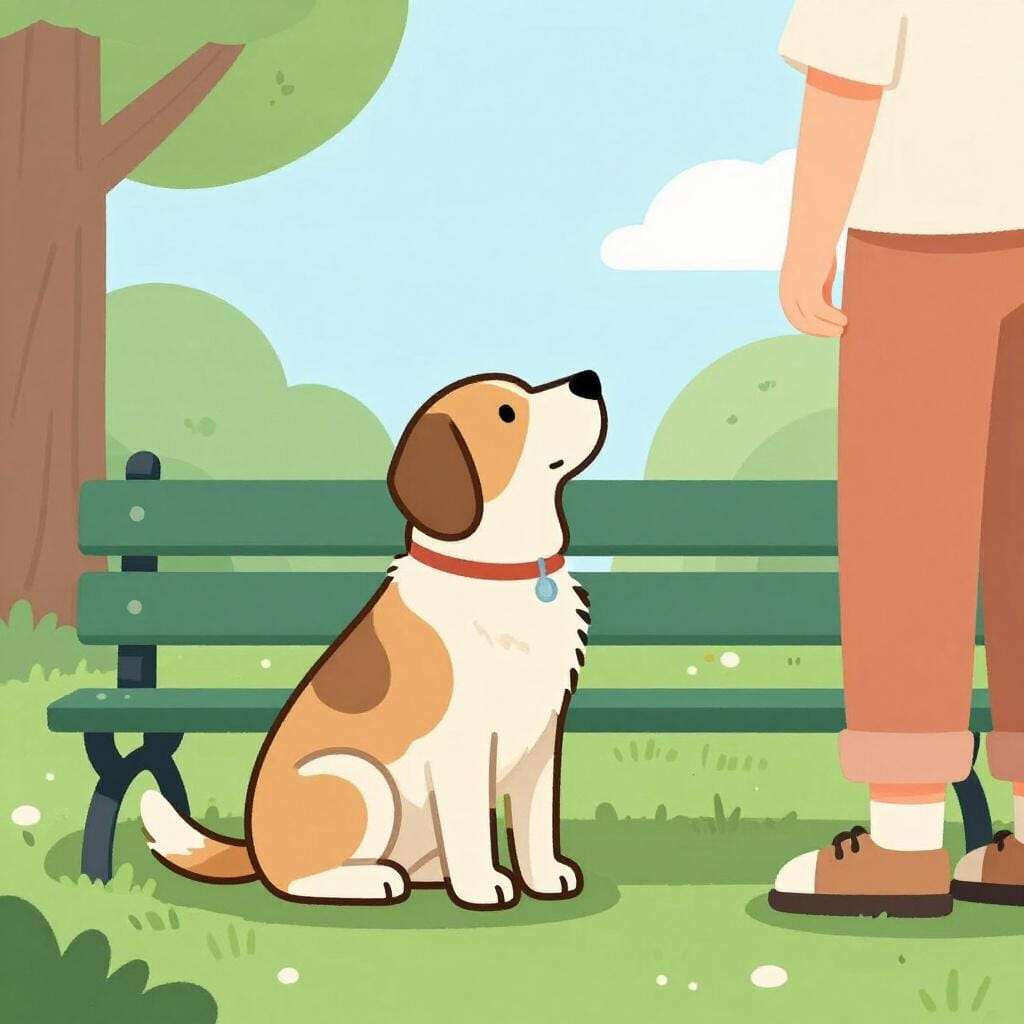 Ein treuer Hund sitzt ergeben an der Seite seines Besitzers in einem Park.