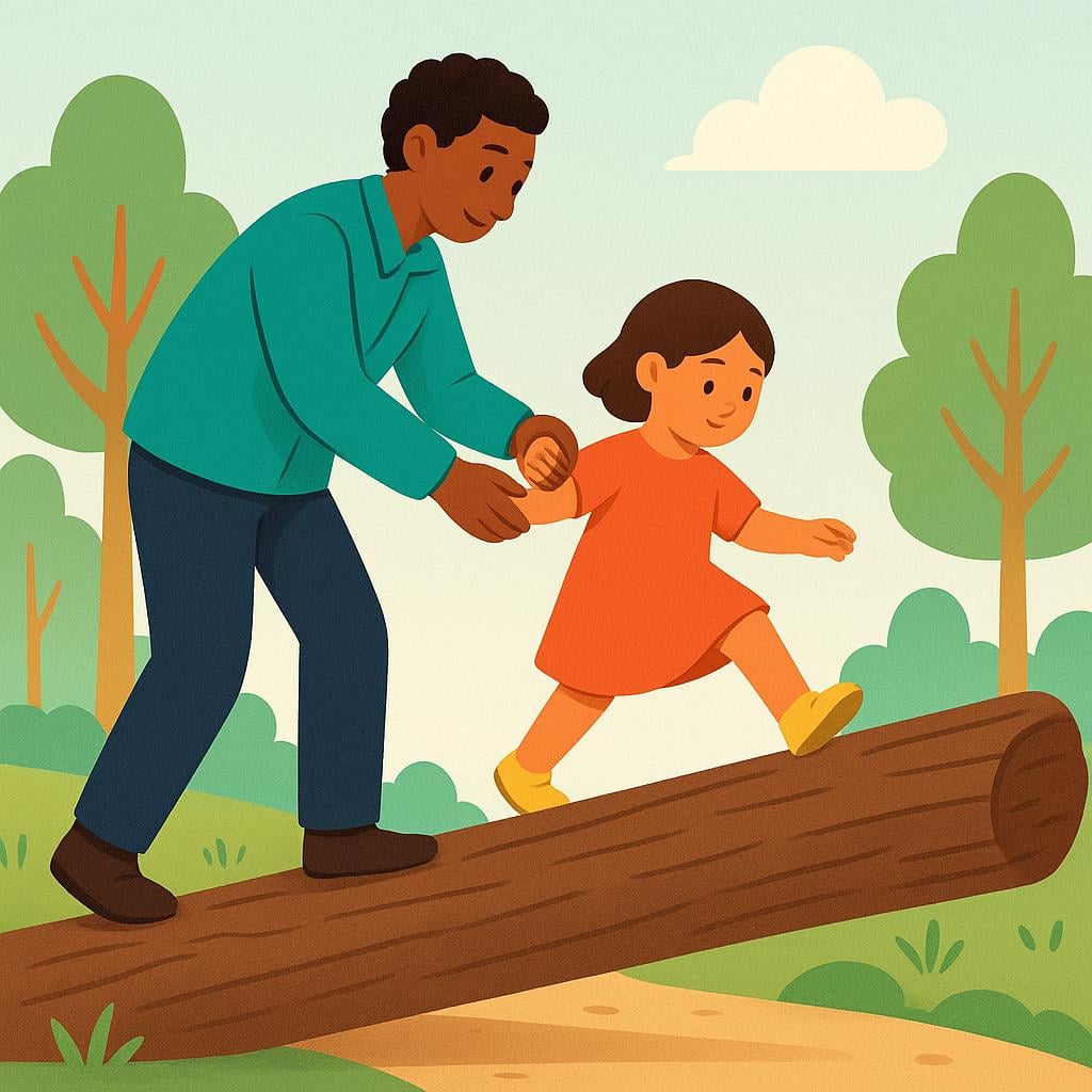 A tall person firmly grasping the hand of a smaller person, pulling them up and helping them step over a large, round obstacle.