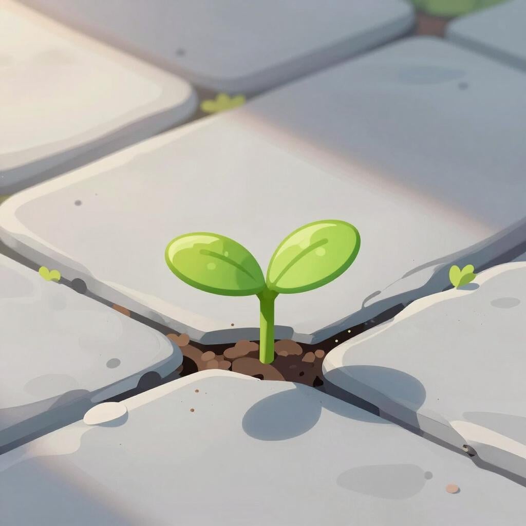 Een klein groen spruitje dat uit een scheur in een bestraat pad groeit.