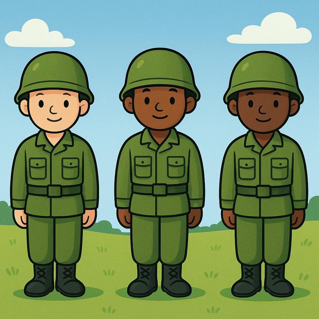 A simple, colorful illustration showing three cartoon-style soldiers standing in formation on a green field.